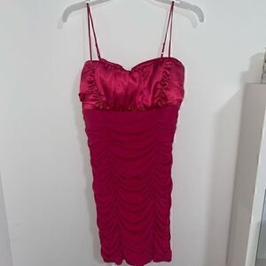 Hot pink stretchy ruched mini dress with thin adjustable spaghetti straps